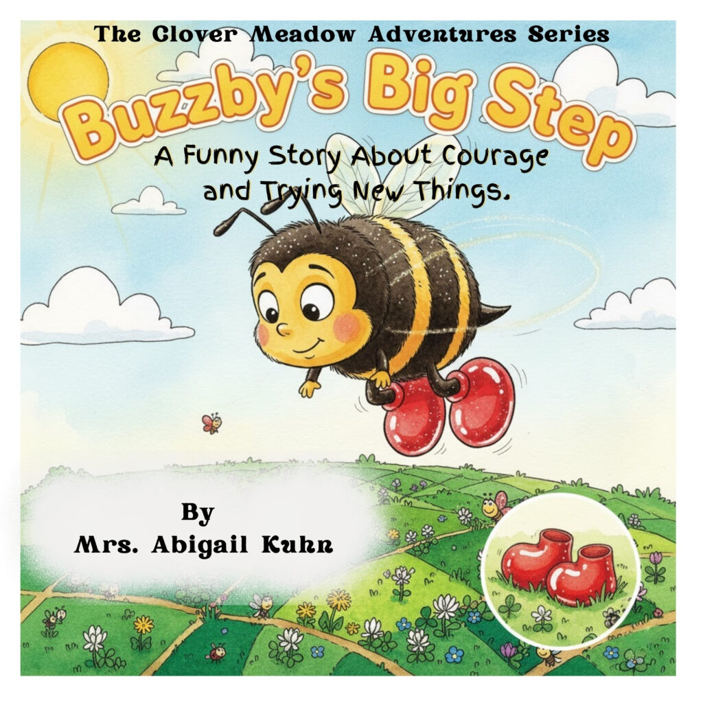 Buzzby's Big Step book cover illustration by Mrs. Abigail Kuhn, featuring Buzzby the bee in red boots from The Clover Meadow Adventures Series.