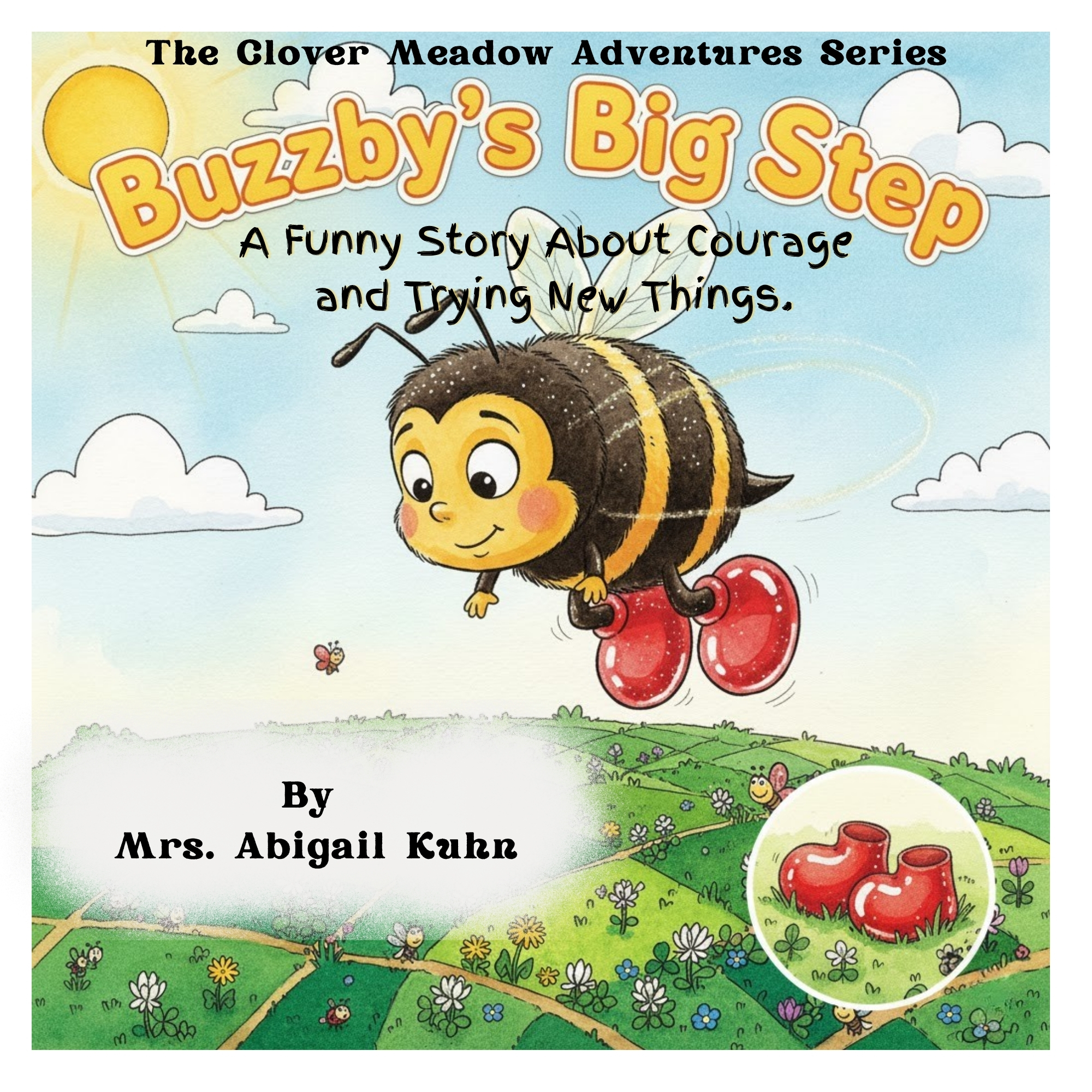 Buzzby's Big Step book cover illustration by Mrs. Abigail Kuhn, featuring Buzzby the bee in red boots from The Clover Meadow Adventures Series.