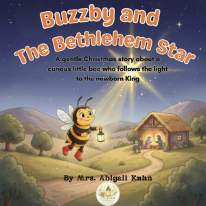 Buzzby and the Bethlehem Star Christmas book cover by Mrs. Abigail Kuhn and Clover Meadow Co., featuring Buzzby the bumblebee, nativity stable, and guiding Bethlehem Star.