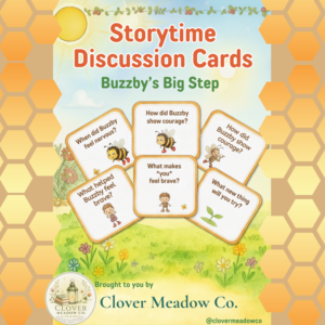 Buzzby's Big Step Storytime Discussion Cards cover graphic featuring preschool social-emotional learning prompts, Kid Connect Academy logo, and honeycomb border.